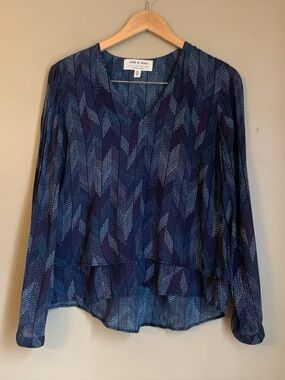 ANTHROPOLOGIE x CLOTH & STONE BOHO FLOWY BLUE DOTTED HERRINGBONE BLOUSE Sz small
